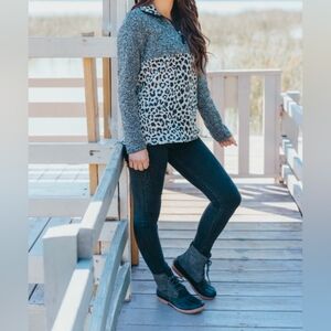 Simply Southern 1/4 Zip Leopard Print Sweater Pullover Size XL